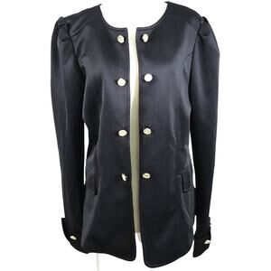 NWT Allegra K Black Blazer Jacket Womens Large BOW Back Pleat Jeweled Buttons